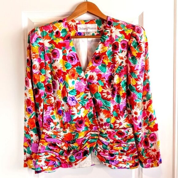 Vintage Richard Warren Floral Silk Jacquard Pleated Peplum Jacket - Picture 1 of 4